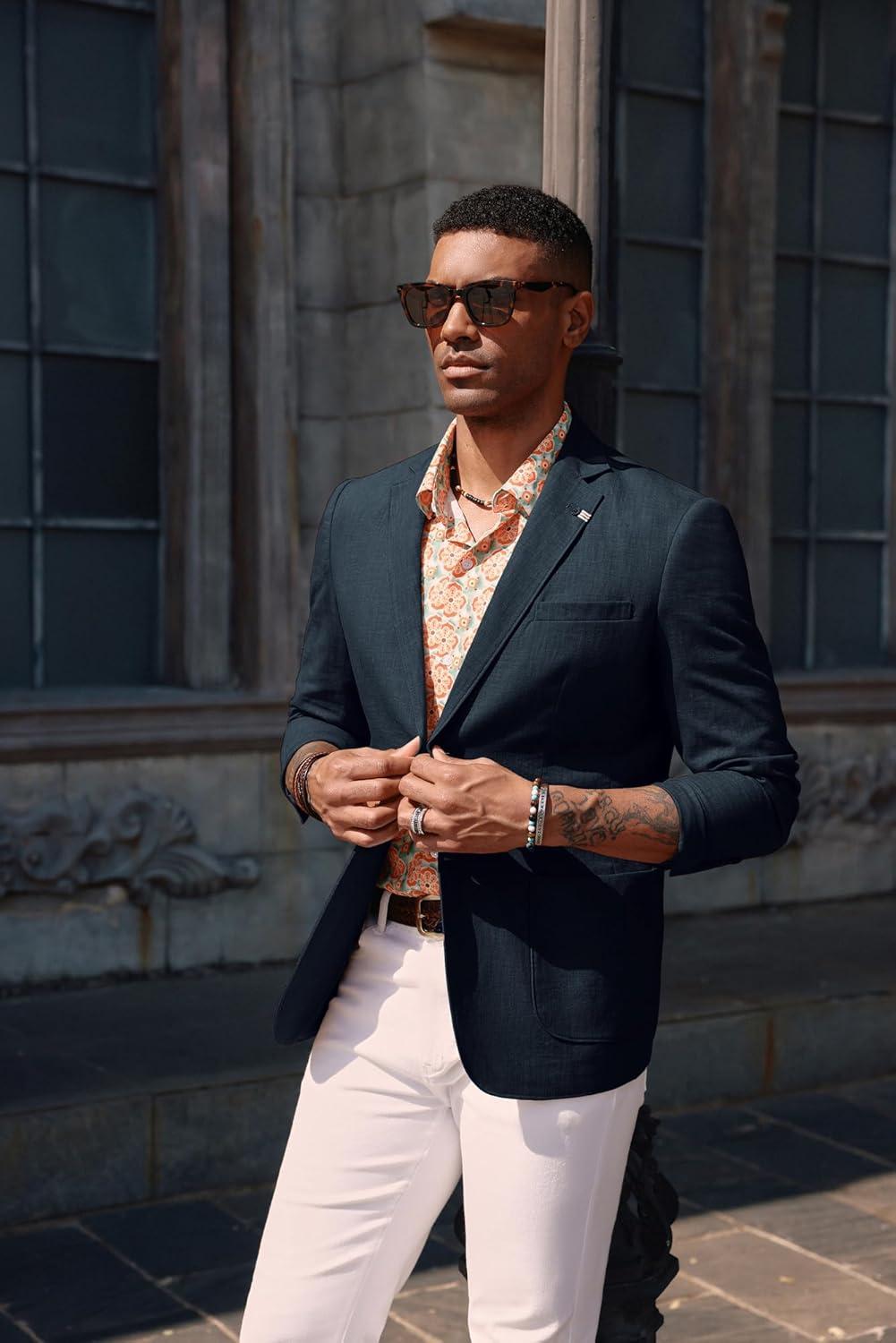 imagePJ PAUL JONES Mens Blazer Casual CottonLinen Sport Coat Lightweight 2 Button Unlined Suit JacketsNavy Blue