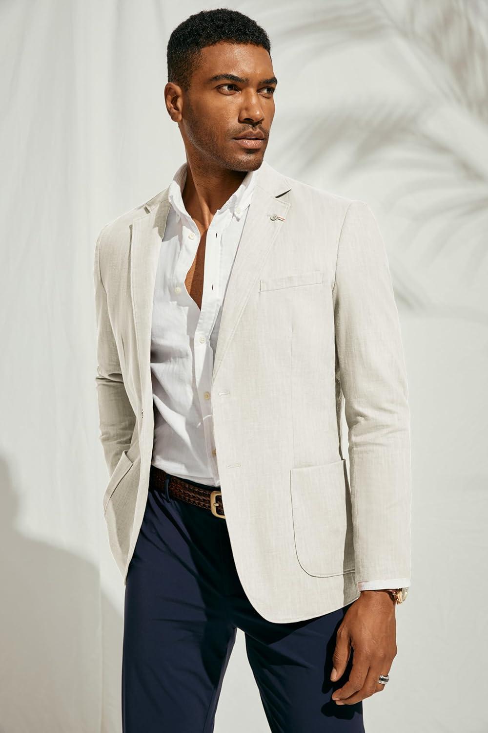 imagePJ PAUL JONES Mens Blazer Casual CottonLinen Sport Coat Lightweight 2 Button Unlined Suit JacketsWhite