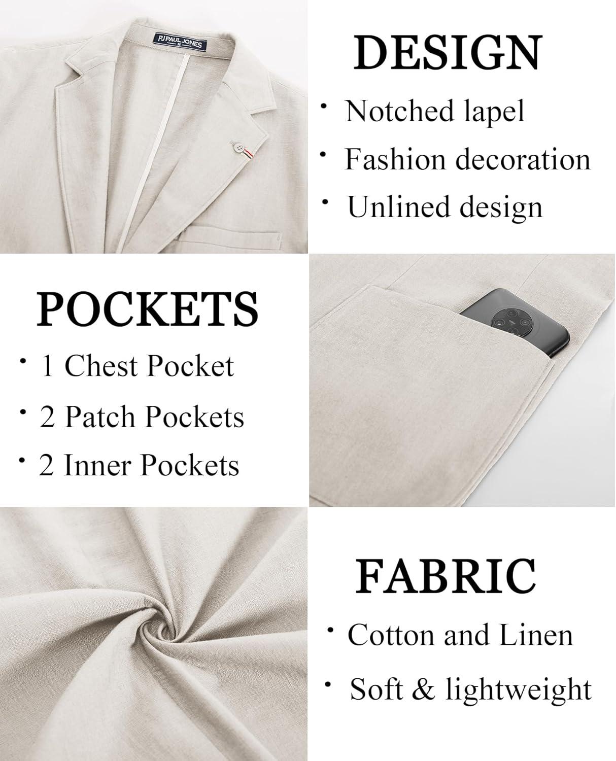 imagePJ PAUL JONES Mens Blazer Casual CottonLinen Sport Coat Lightweight 2 Button Unlined Suit JacketsWhite