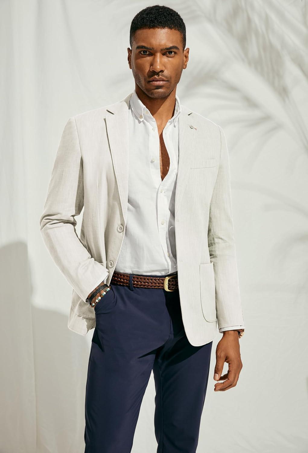 imagePJ PAUL JONES Mens Blazer Casual CottonLinen Sport Coat Lightweight 2 Button Unlined Suit JacketsWhite