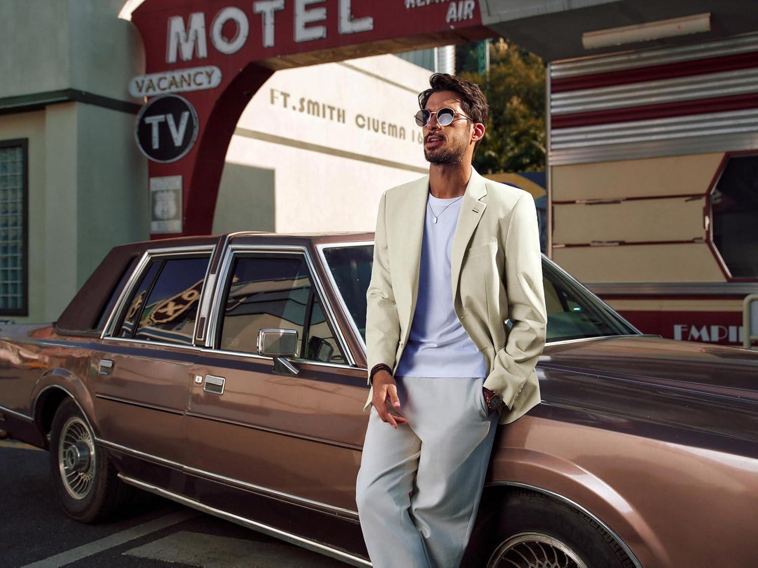 imagePJ PAUL JONES Mens Blazer Casual Linen Sport Coat Two Button Lightweight Suit Blazer JacketsApricot