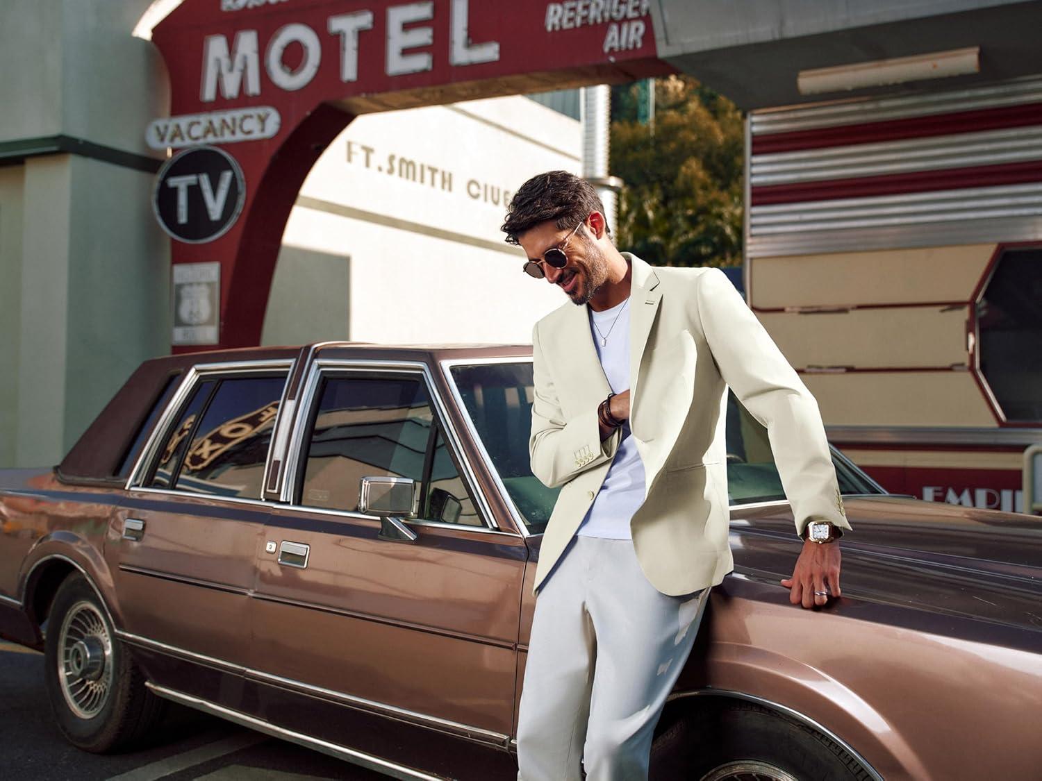 imagePJ PAUL JONES Mens Blazer Casual Linen Sport Coat Two Button Lightweight Suit Blazer JacketsApricot