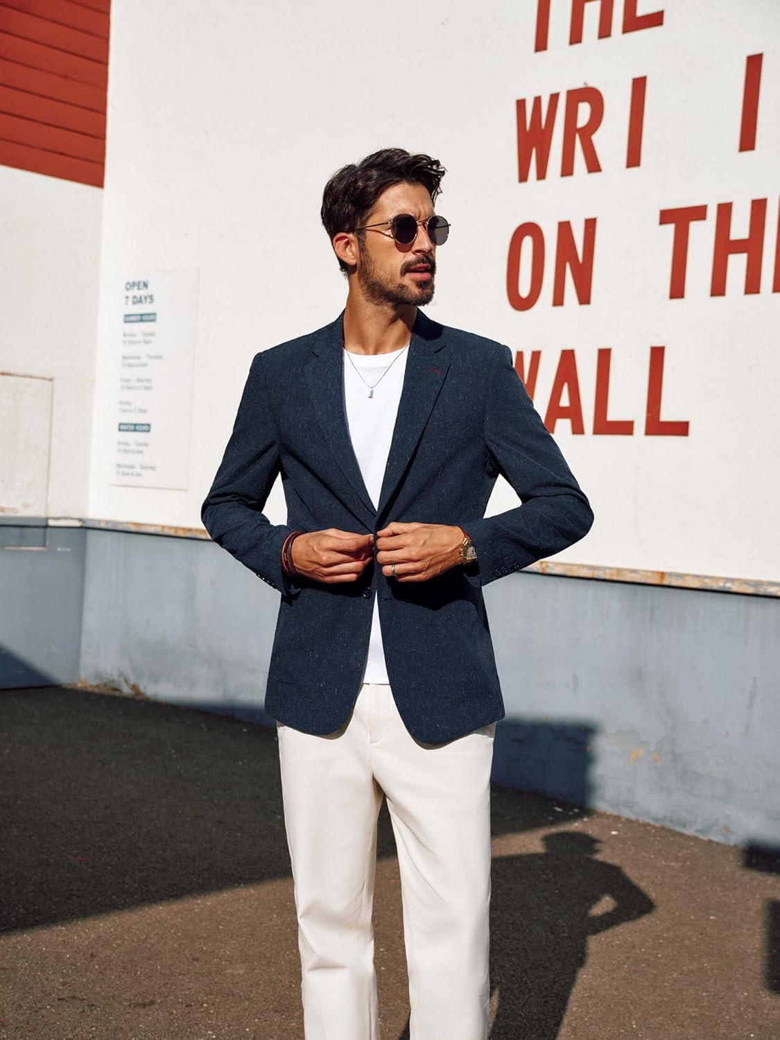 imagePJ PAUL JONES Mens Blazer Casual Linen Sport Coat Two Button Lightweight Suit Blazer JacketsDark Blue