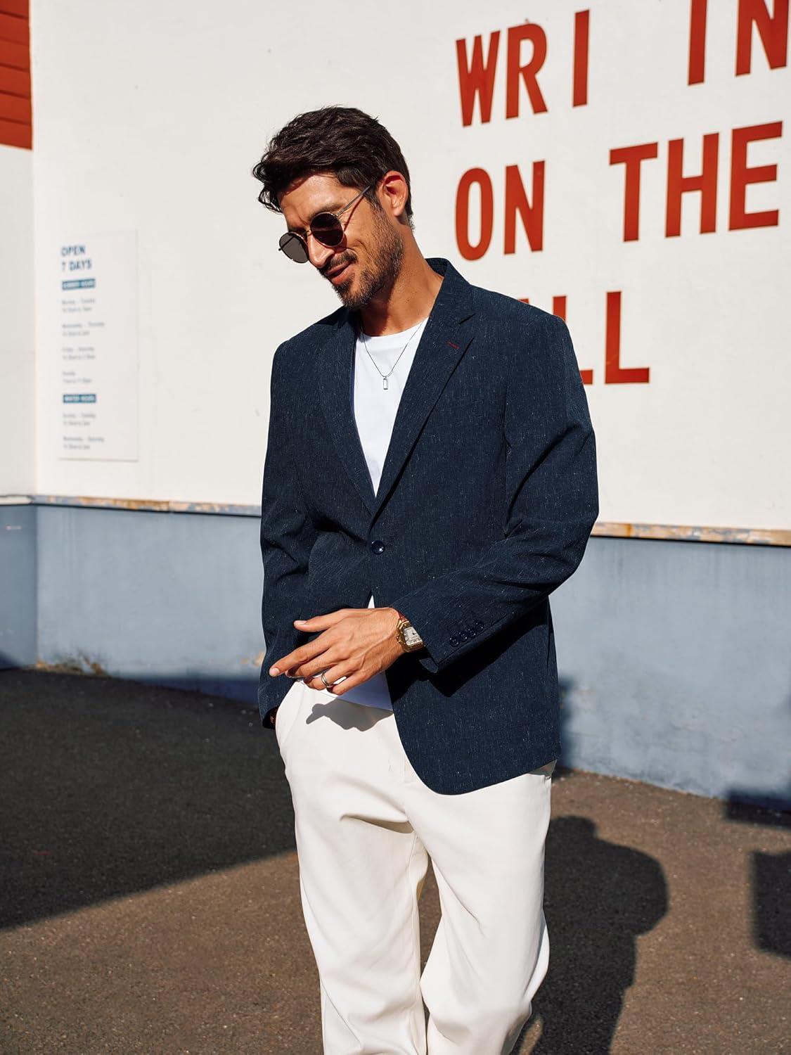 imagePJ PAUL JONES Mens Blazer Casual Linen Sport Coat Two Button Lightweight Suit Blazer JacketsDark Blue