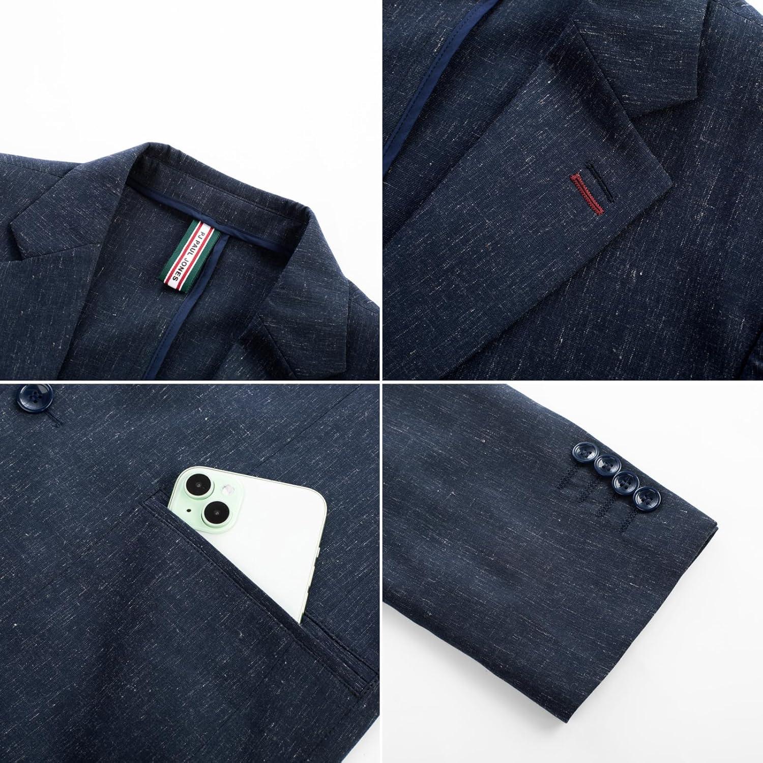 imagePJ PAUL JONES Mens Blazer Casual Linen Sport Coat Two Button Lightweight Suit Blazer JacketsDark Blue