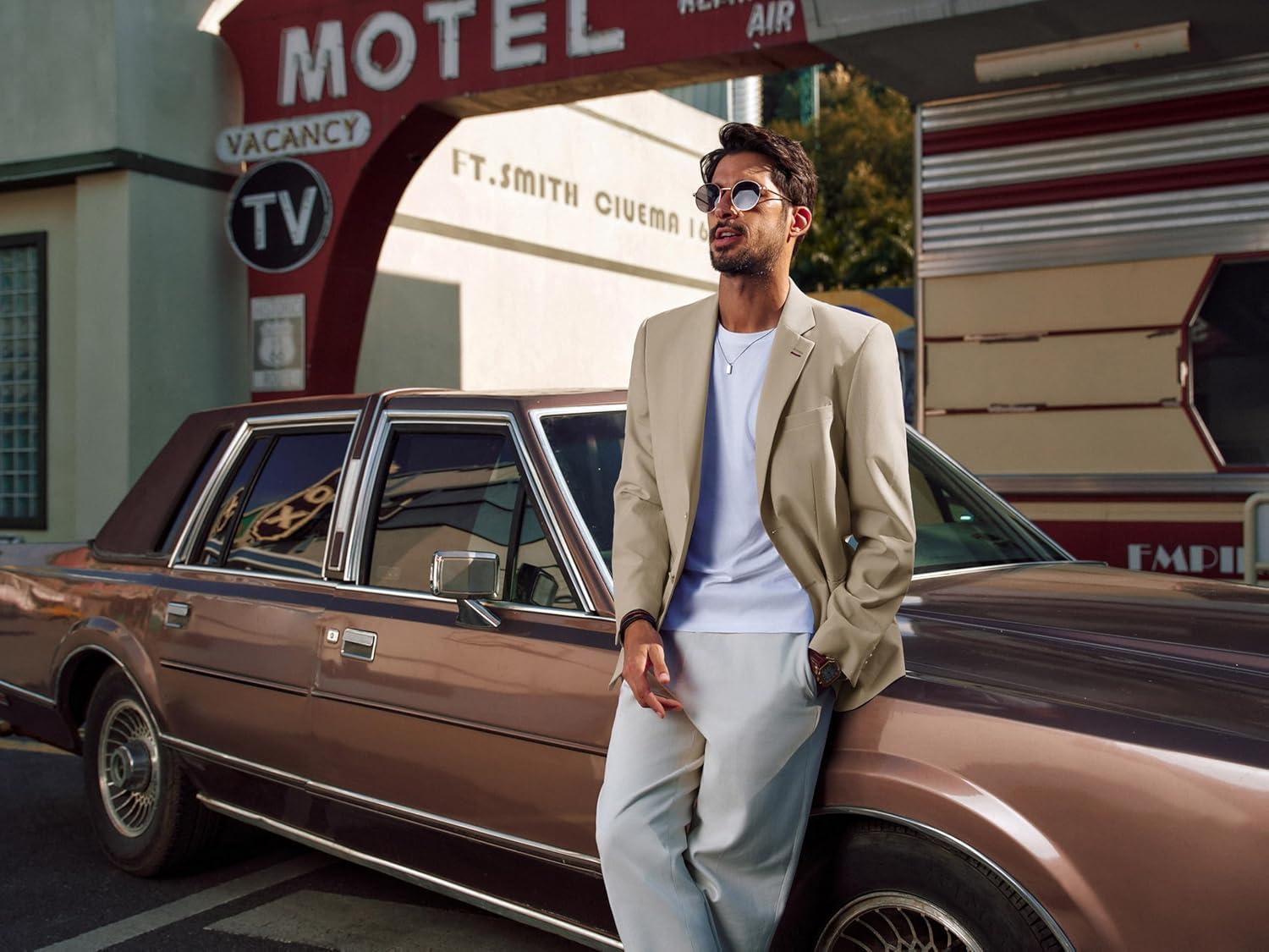 imagePJ PAUL JONES Mens Blazer Casual Linen Sport Coat Two Button Lightweight Suit Blazer JacketsKhaki