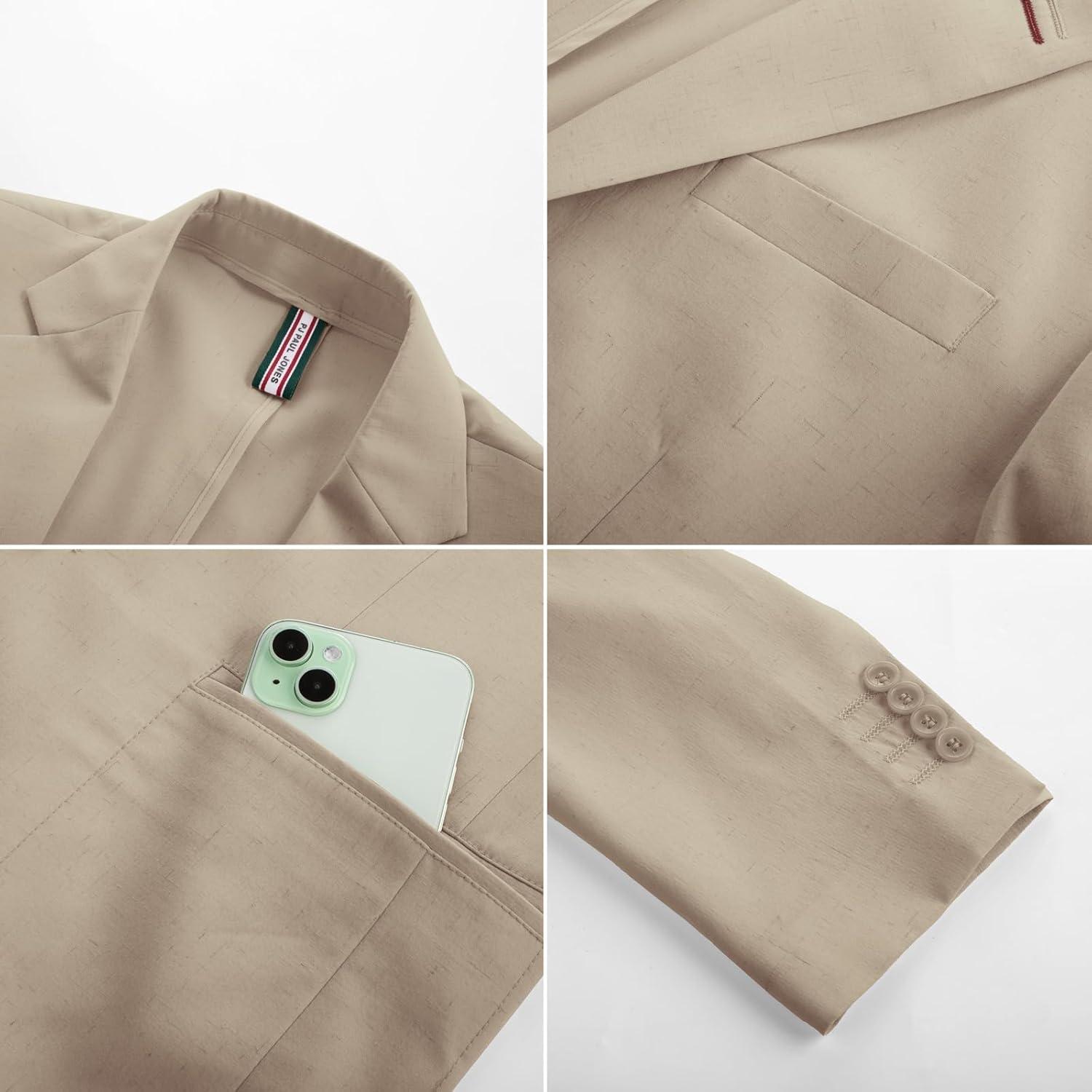 imagePJ PAUL JONES Mens Blazer Casual Linen Sport Coat Two Button Lightweight Suit Blazer JacketsKhaki