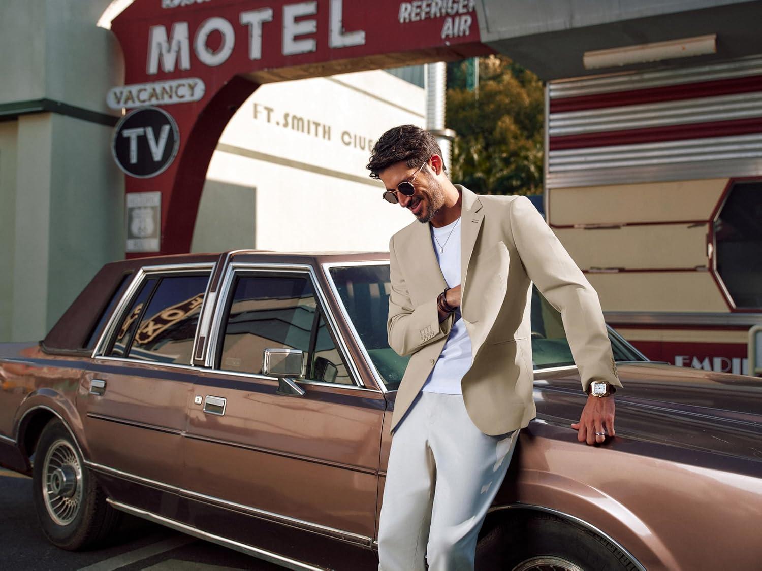 imagePJ PAUL JONES Mens Blazer Casual Linen Sport Coat Two Button Lightweight Suit Blazer JacketsKhaki