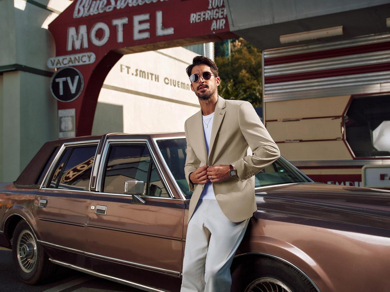 imagePJ PAUL JONES Mens Blazer Casual Linen Sport Coat Two Button Lightweight Suit Blazer JacketsKhaki