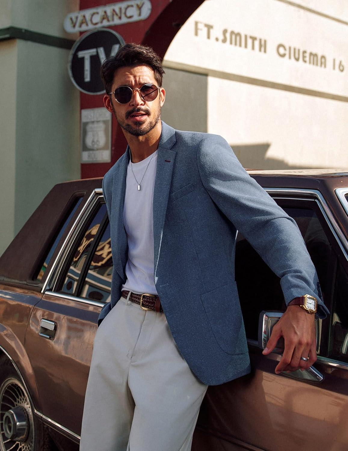 imagePJ PAUL JONES Mens Blazer Casual Sport Coats Lightweight One Button Suit Jacket for SummerDenim Blue