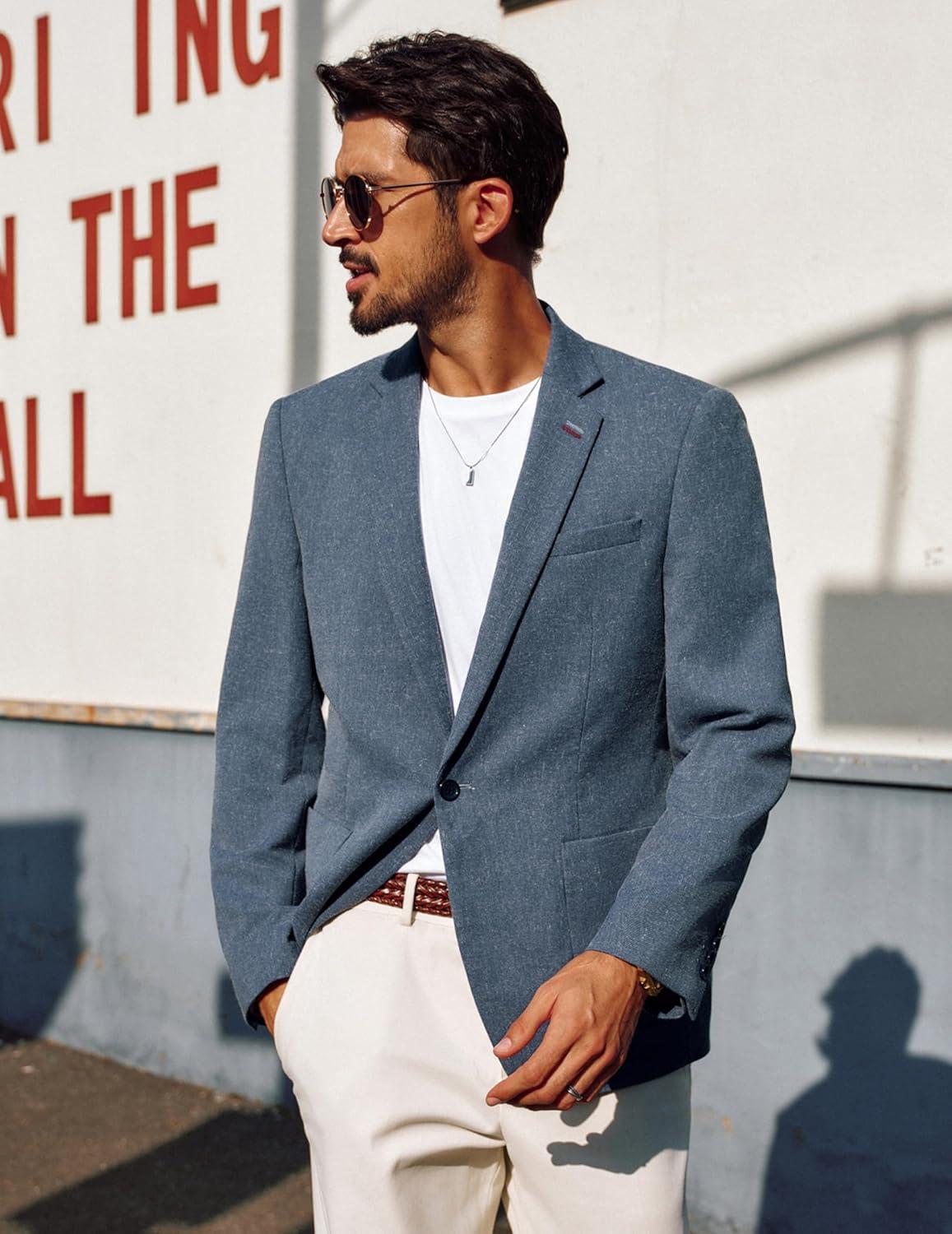 imagePJ PAUL JONES Mens Blazer Casual Sport Coats Lightweight One Button Suit Jacket for SummerDenim Blue