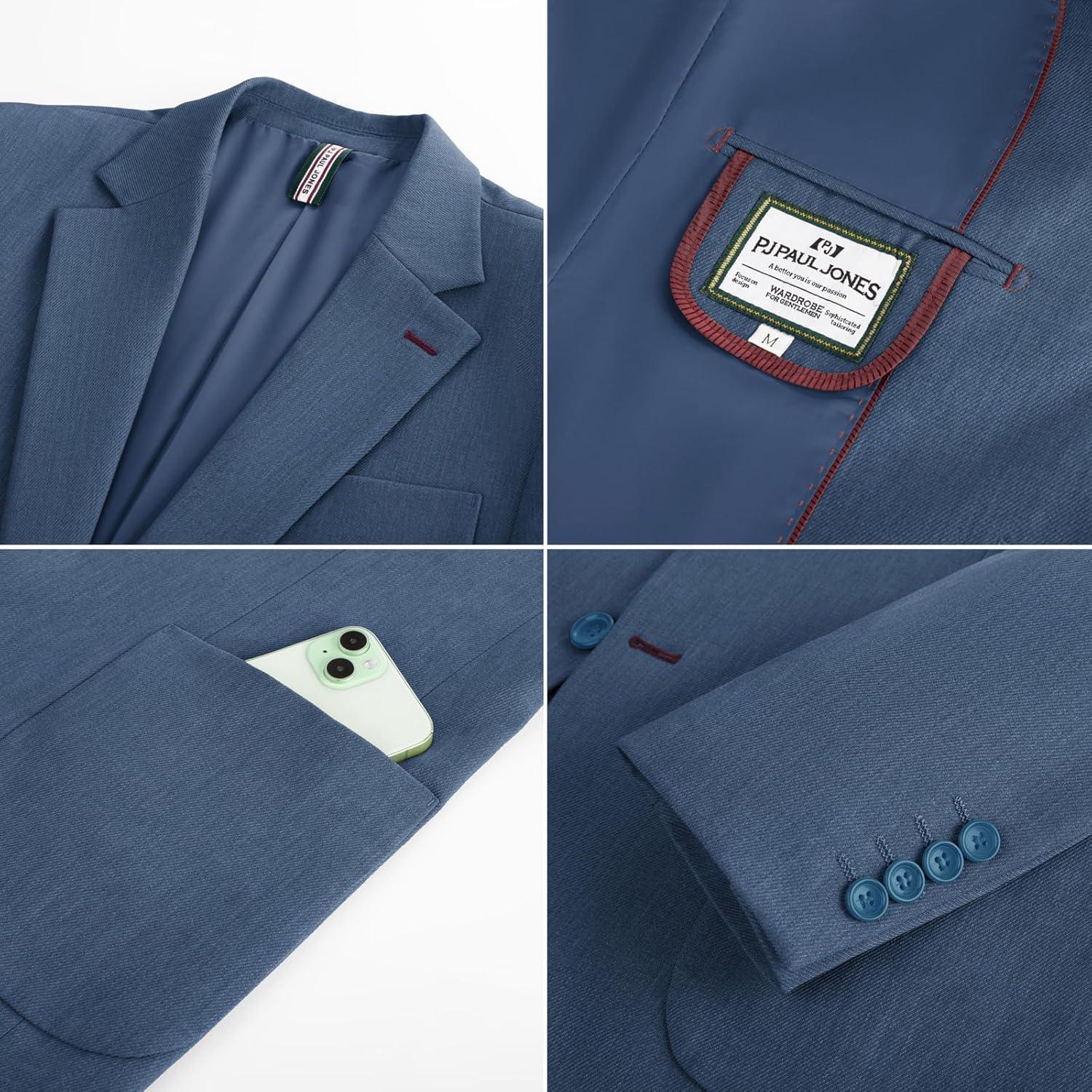 imagePJ PAUL JONES Mens Blazer Casual Two Button Sport Coats Notched Lapel Solid Suit JacketsBlue
