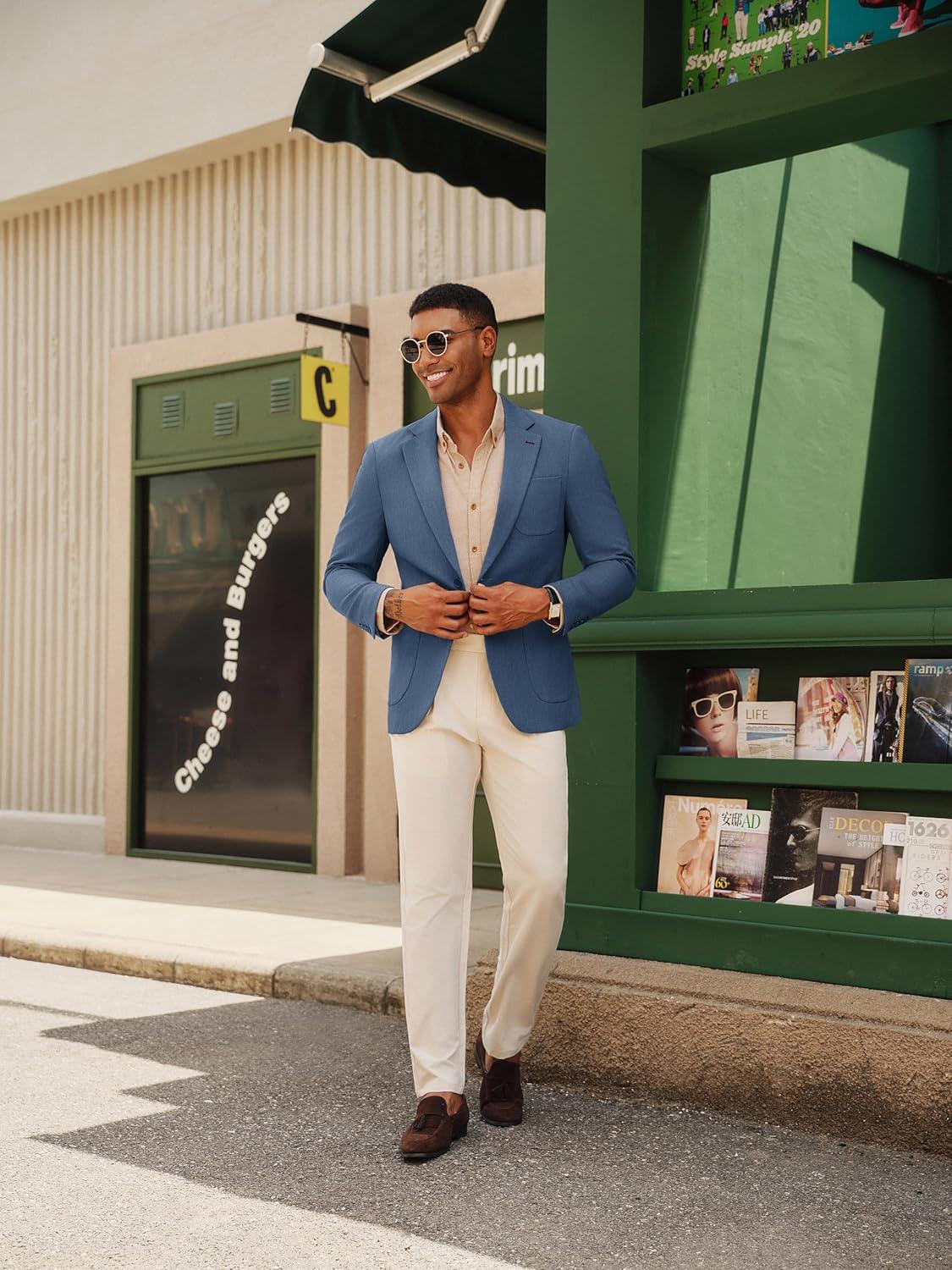 imagePJ PAUL JONES Mens Blazer Casual Two Button Sport Coats Notched Lapel Solid Suit JacketsBlue