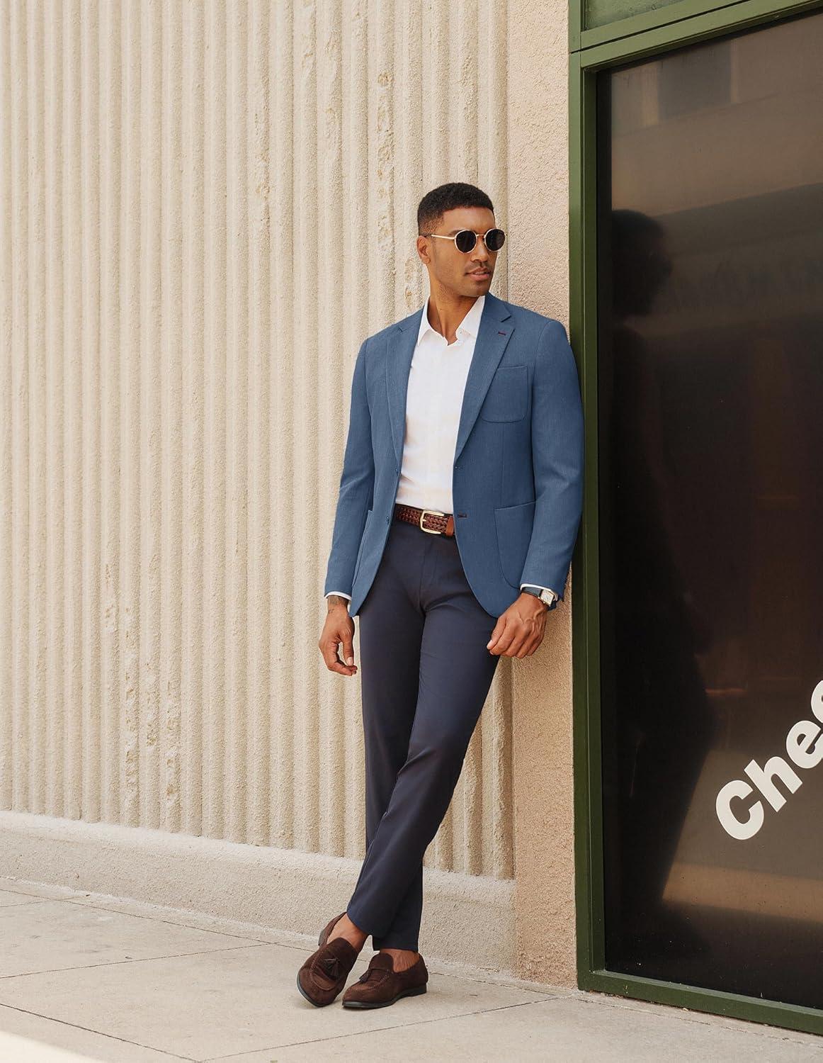 imagePJ PAUL JONES Mens Blazer Casual Two Button Sport Coats Notched Lapel Solid Suit JacketsBlue