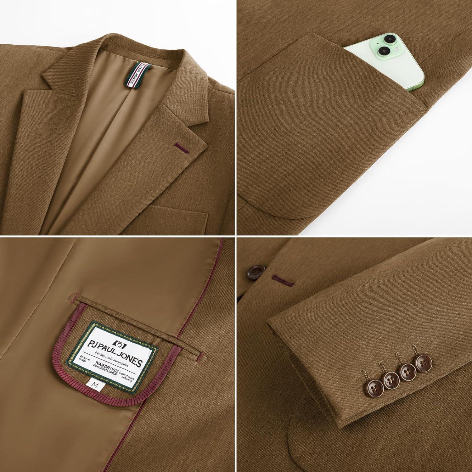 imagePJ PAUL JONES Mens Blazer Casual Two Button Sport Coats Notched Lapel Solid Suit JacketsDark Brown