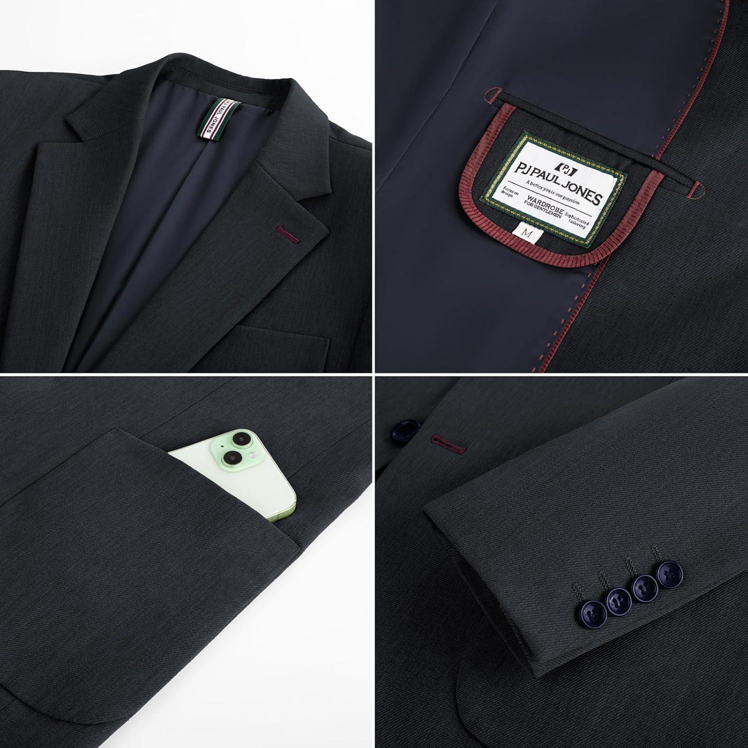 imagePJ PAUL JONES Mens Blazer Casual Two Button Sport Coats Notched Lapel Solid Suit JacketsDark Grey Blue