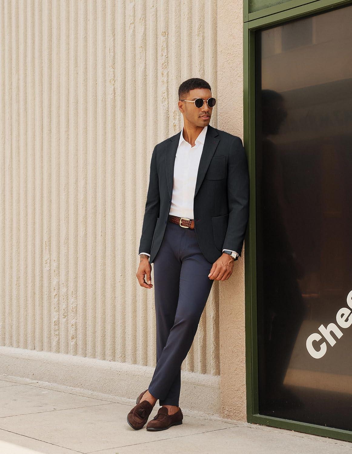 imagePJ PAUL JONES Mens Blazer Casual Two Button Sport Coats Notched Lapel Solid Suit JacketsDark Grey Blue