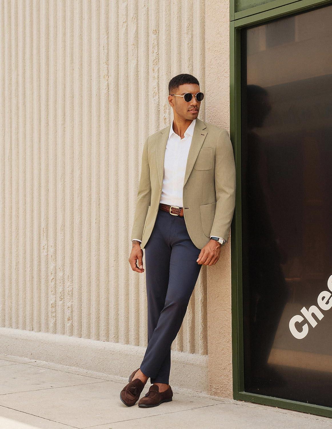 imagePJ PAUL JONES Mens Blazer Casual Two Button Sport Coats Notched Lapel Solid Suit JacketsKhaki