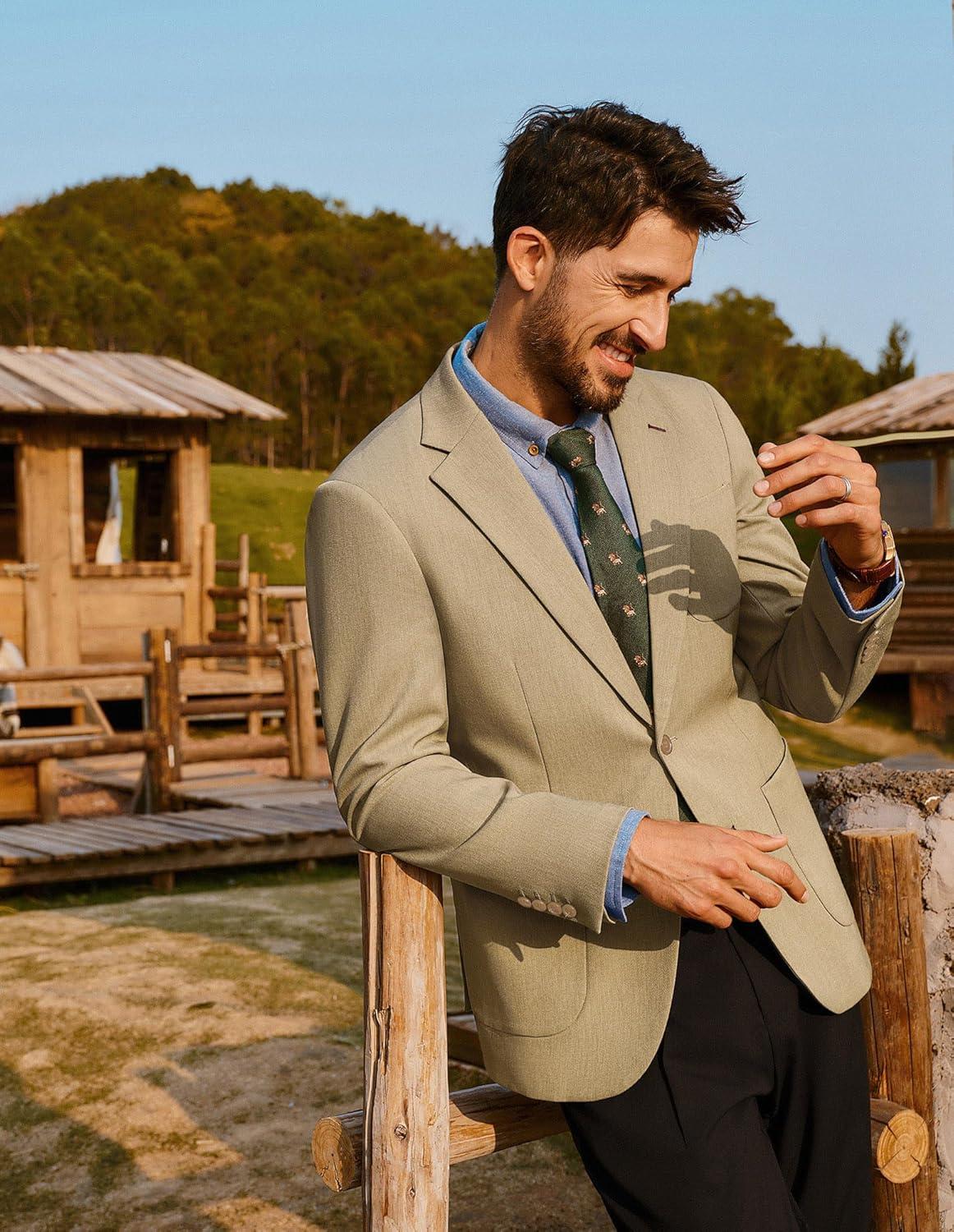 imagePJ PAUL JONES Mens Blazer Casual Two Button Sport Coats Notched Lapel Solid Suit JacketsKhaki