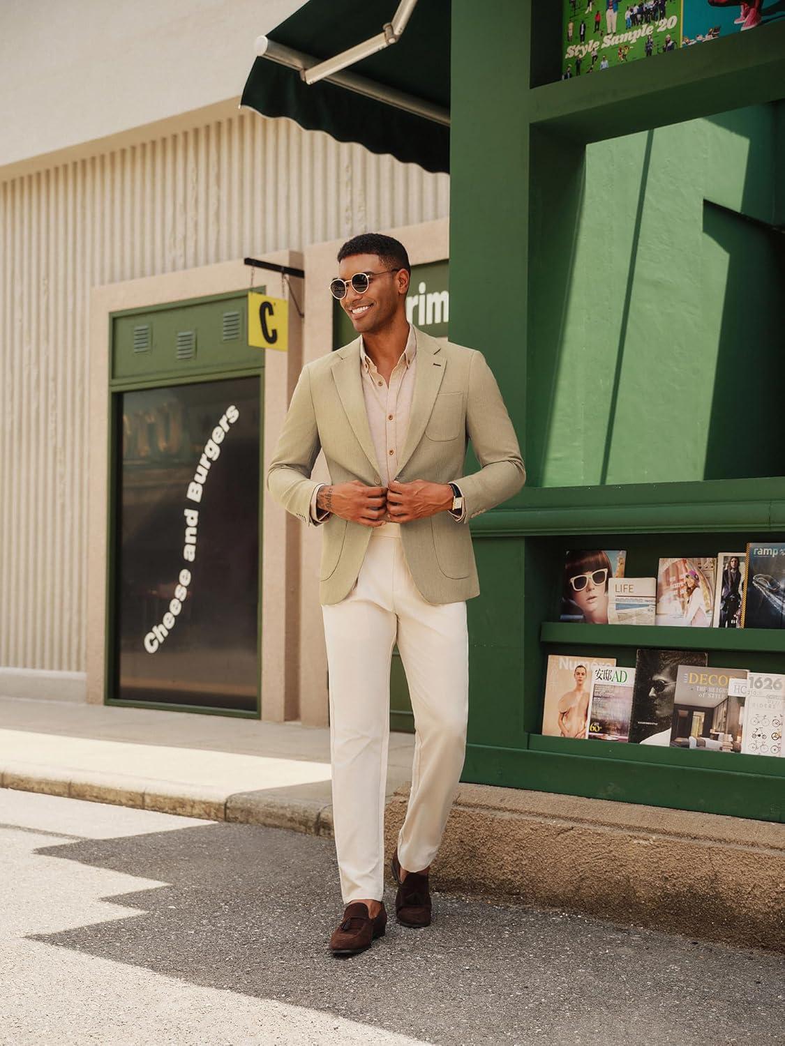 imagePJ PAUL JONES Mens Blazer Casual Two Button Sport Coats Notched Lapel Solid Suit JacketsKhaki