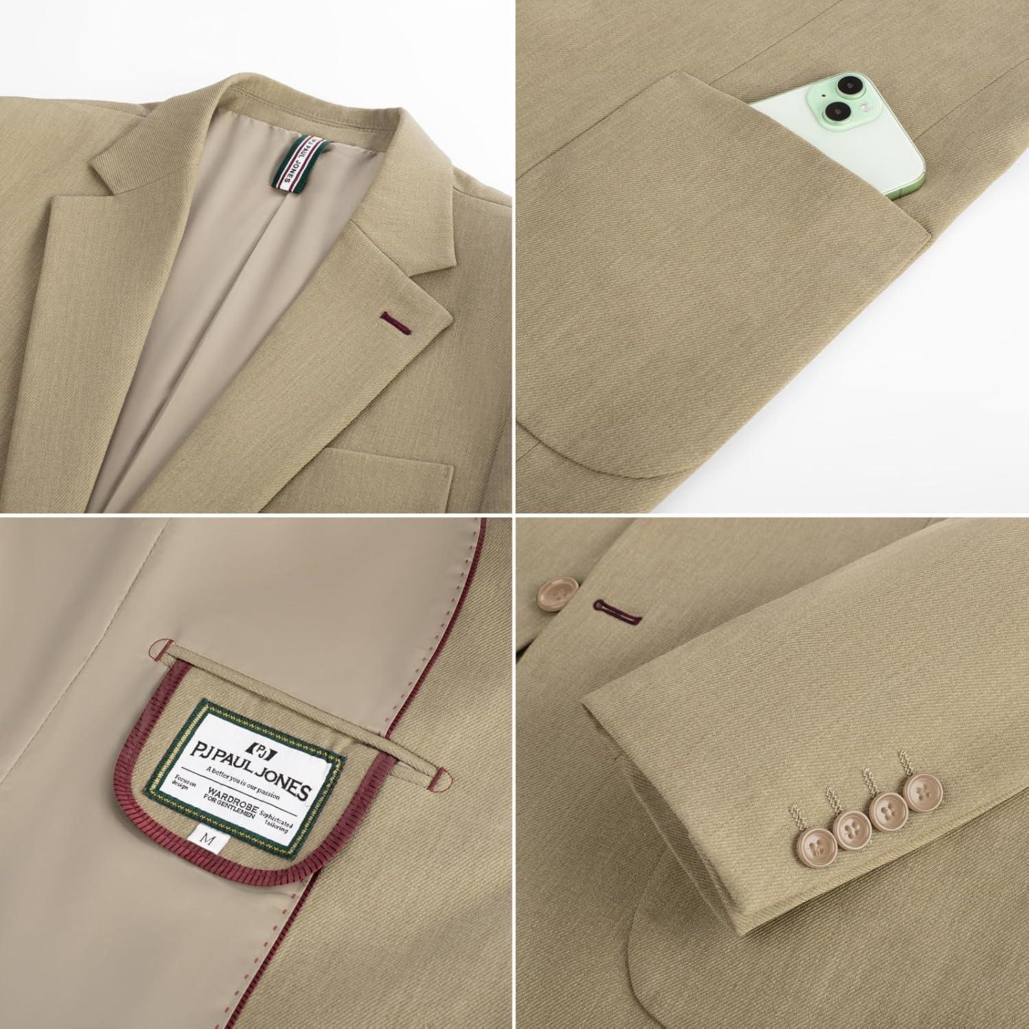 imagePJ PAUL JONES Mens Blazer Casual Two Button Sport Coats Notched Lapel Solid Suit JacketsKhaki