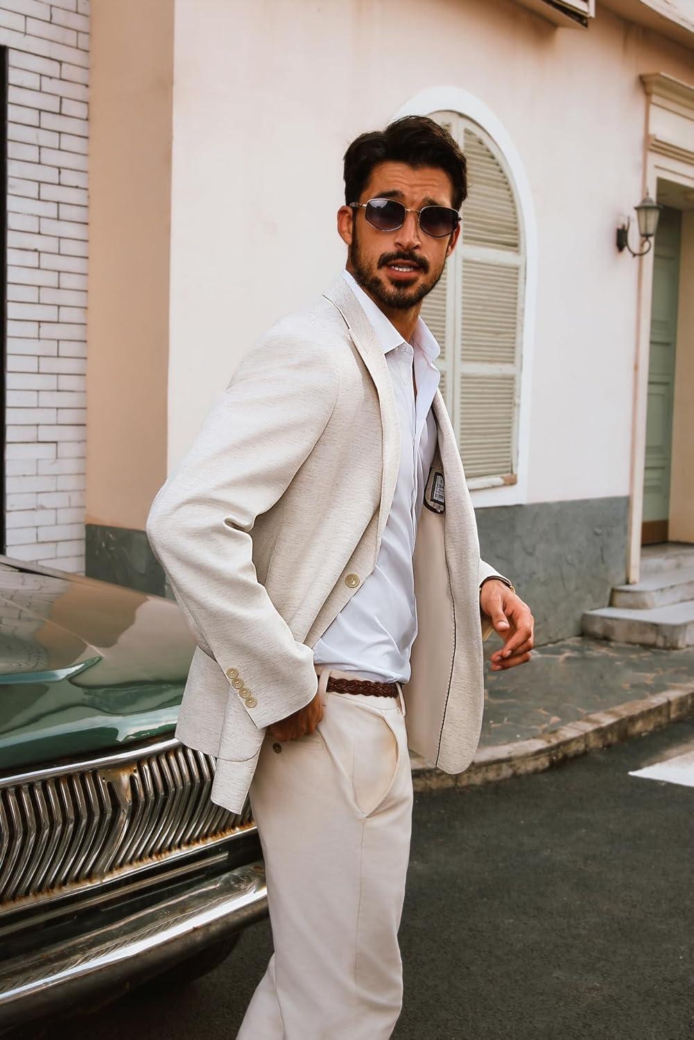 imagePJ PAUL JONES Mens Blazer Cotton Linen Suit Jacket Lightweight Casual Blazer Jackets with PocketsApricot