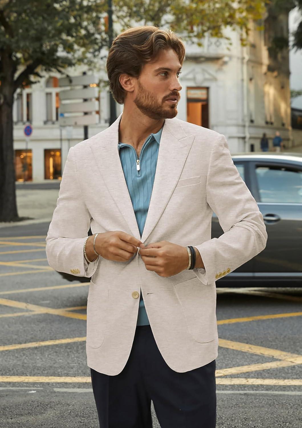 imagePJ PAUL JONES Mens Blazer Cotton Linen Suit Jacket Lightweight Casual Blazer Jackets with PocketsApricot