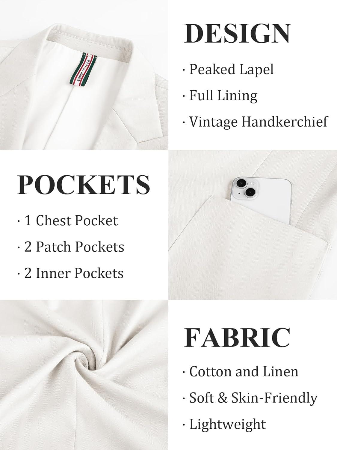 imagePJ PAUL JONES Mens Blazer Cotton Linen Suit Jacket Lightweight Casual Blazer Jackets with PocketsWhite