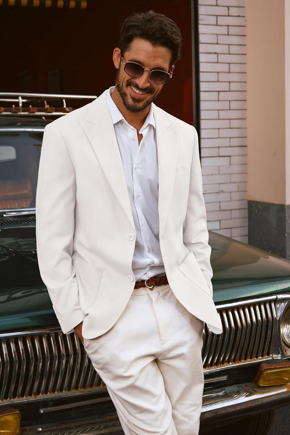 imagePJ PAUL JONES Mens Blazer Cotton Linen Suit Jacket Lightweight Casual Blazer Jackets with PocketsWhite