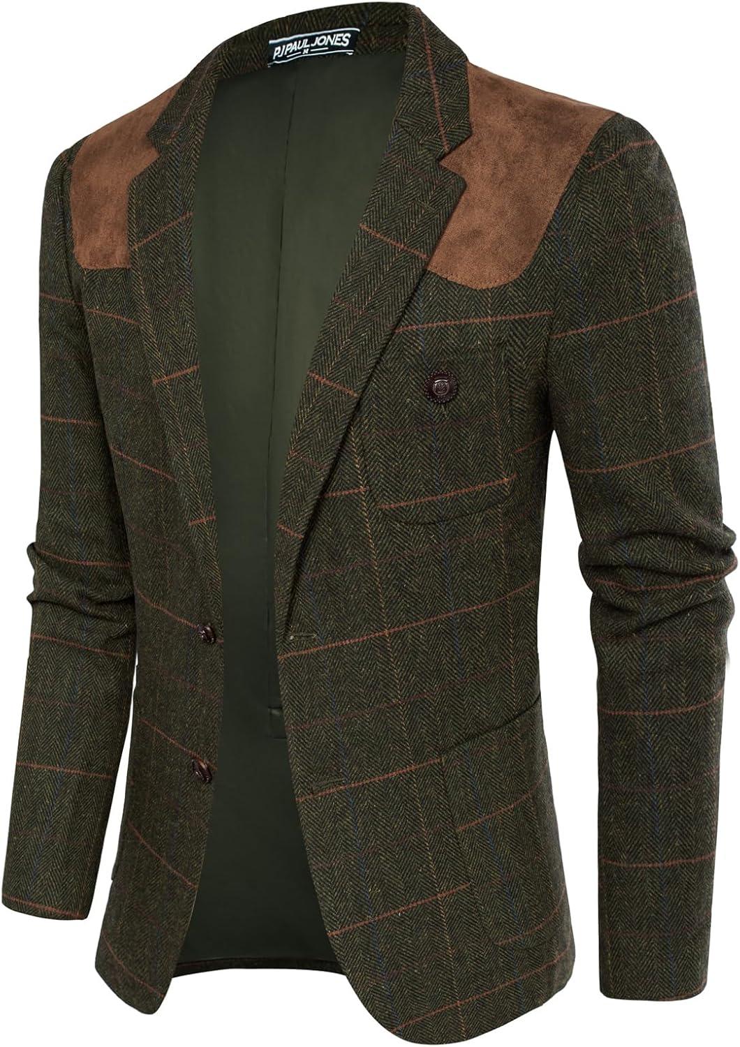 imagePJ PAUL JONES Mens Blazer Herringbone Tweed Sport Coats Two Button Wool Blend Formal JacketDark Green