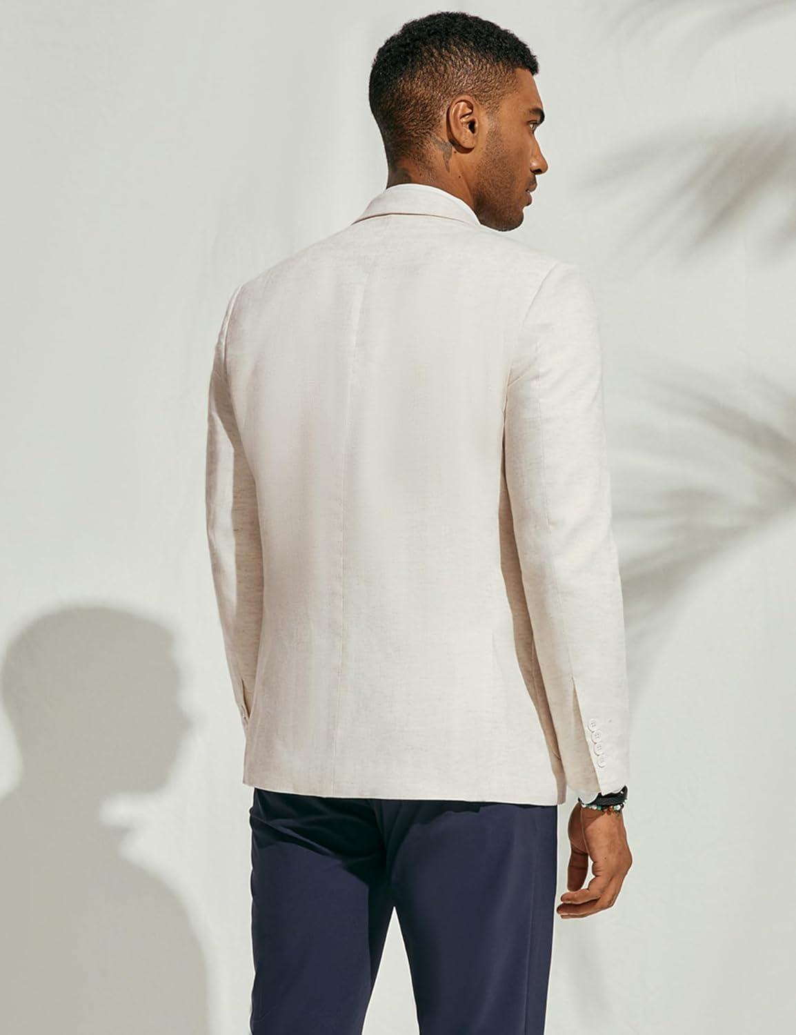 imagePJ PAUL JONES Mens Blazer Jacket Cotton Linen Sports Coats Regular Fit Two Buttons Herringbone Suit JacketsBeige