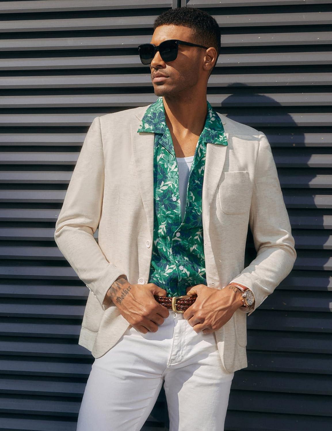 imagePJ PAUL JONES Mens Blazer Jacket Cotton Linen Sports Coats Regular Fit Two Buttons Herringbone Suit JacketsBeige