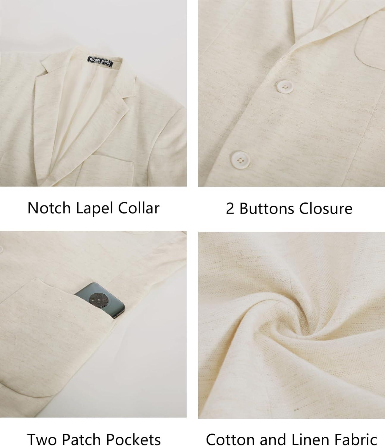 imagePJ PAUL JONES Mens Blazer Jacket Cotton Linen Sports Coats Regular Fit Two Buttons Herringbone Suit JacketsBeige