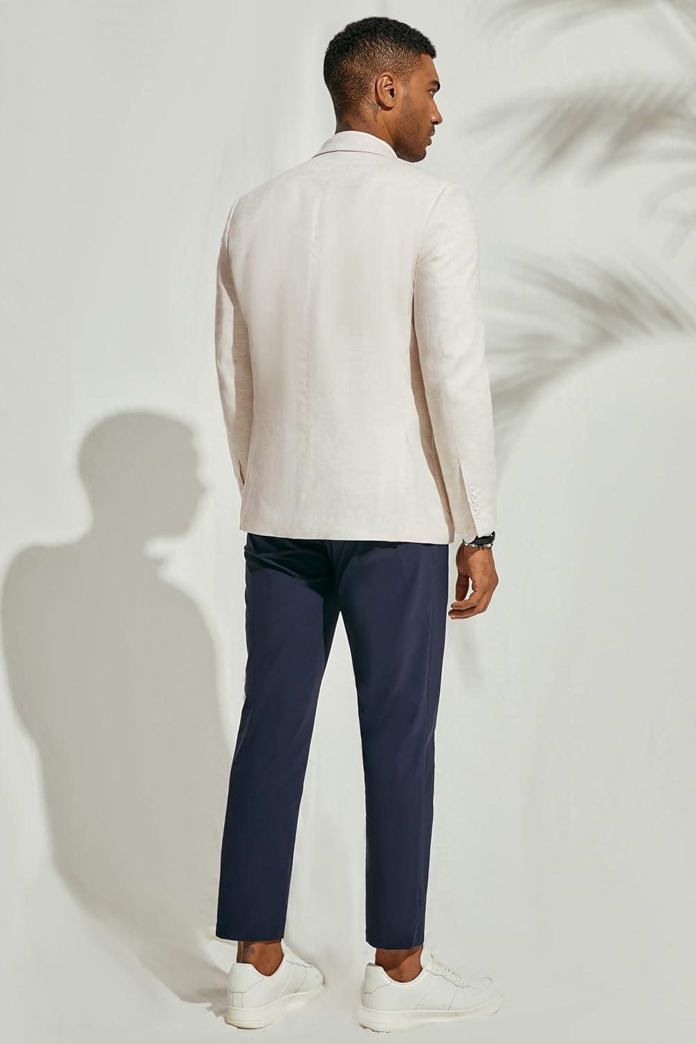 imagePJ PAUL JONES Mens Blazer Jacket Cotton Linen Sports Coats Regular Fit Two Buttons Herringbone Suit JacketsBeige