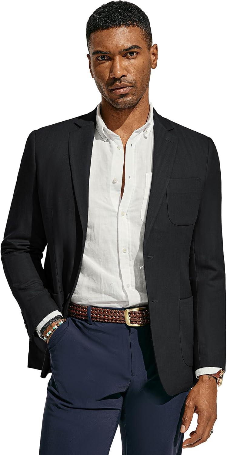 imagePJ PAUL JONES Mens Blazer Jacket Cotton Linen Sports Coats Regular Fit Two Buttons Herringbone Suit JacketsBlack