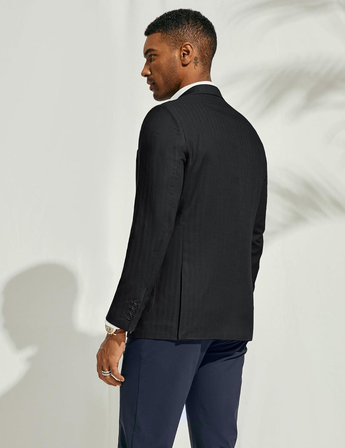 imagePJ PAUL JONES Mens Blazer Jacket Cotton Linen Sports Coats Regular Fit Two Buttons Herringbone Suit JacketsBlack