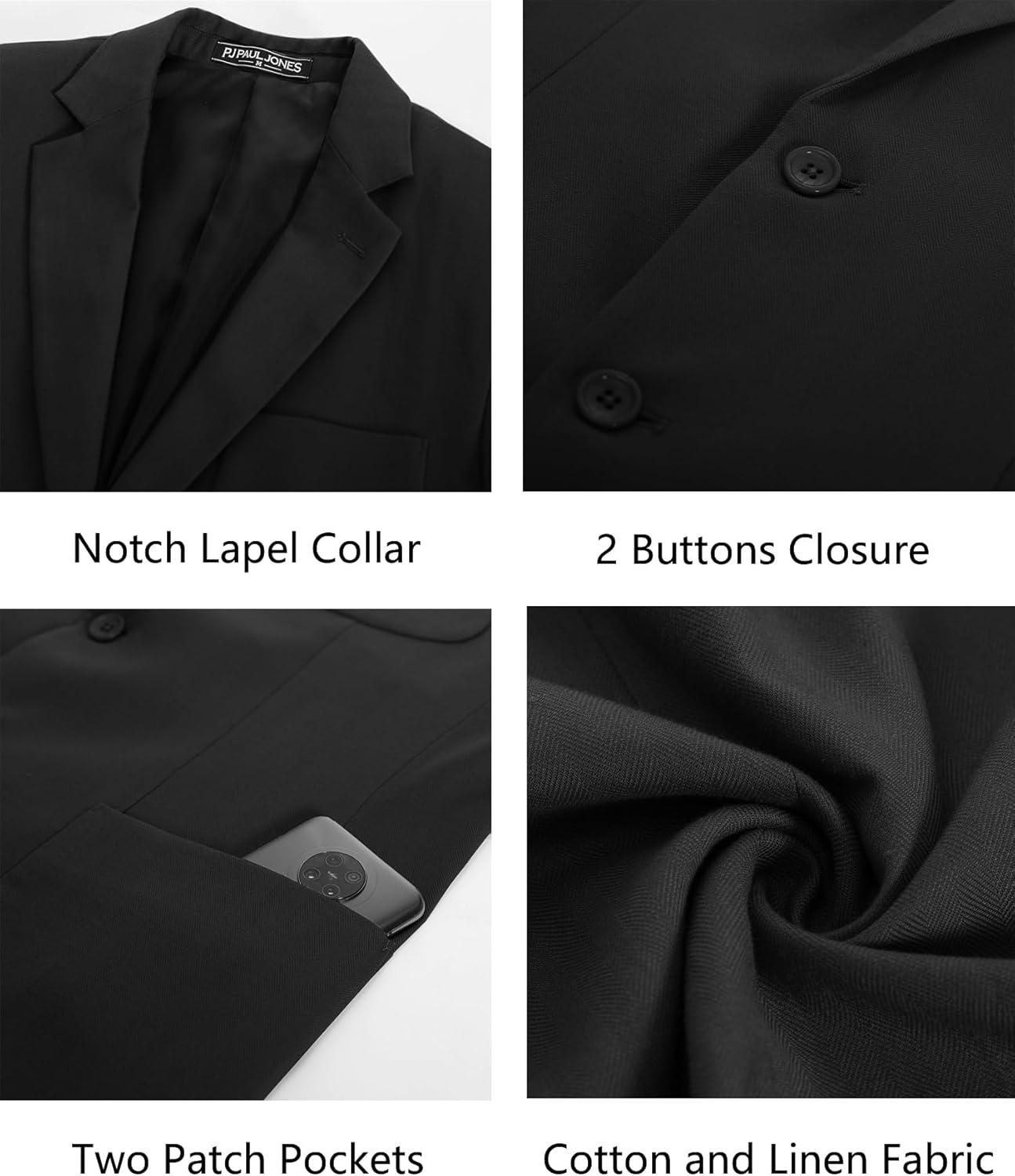 imagePJ PAUL JONES Mens Blazer Jacket Cotton Linen Sports Coats Regular Fit Two Buttons Herringbone Suit JacketsBlack