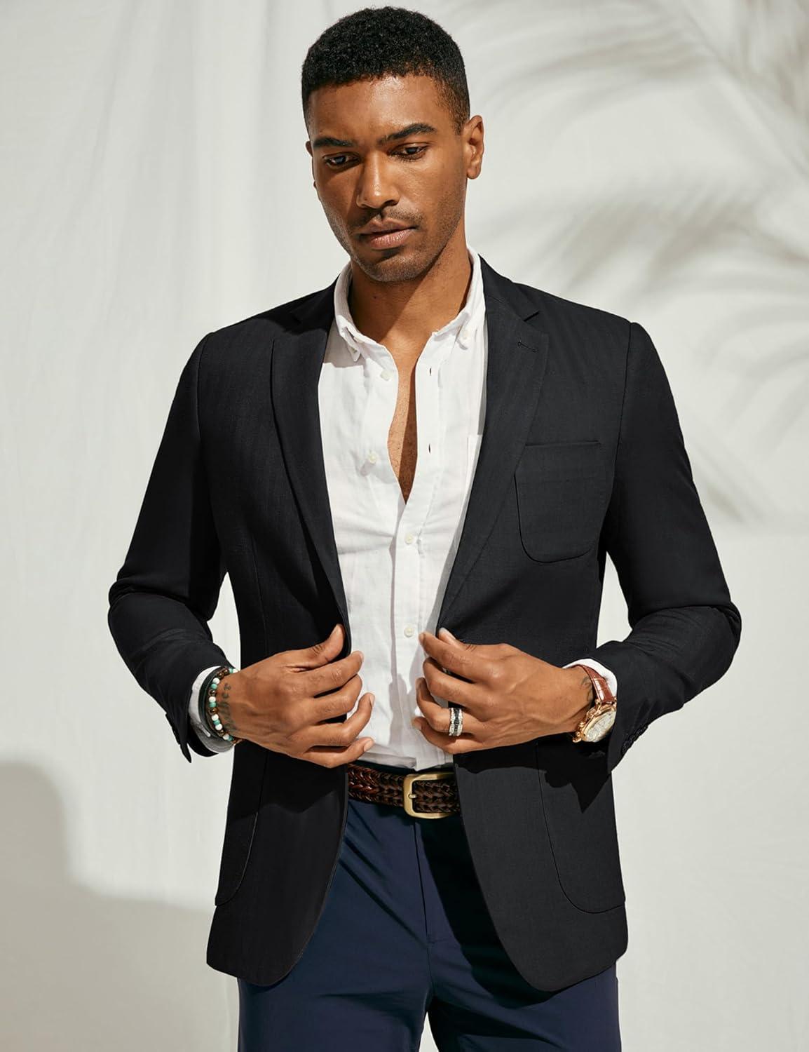 imagePJ PAUL JONES Mens Blazer Jacket Cotton Linen Sports Coats Regular Fit Two Buttons Herringbone Suit JacketsBlack