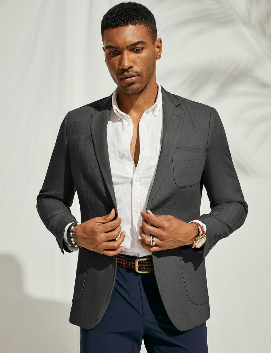 imagePJ PAUL JONES Mens Blazer Jacket Cotton Linen Sports Coats Regular Fit Two Buttons Herringbone Suit JacketsDark Grey