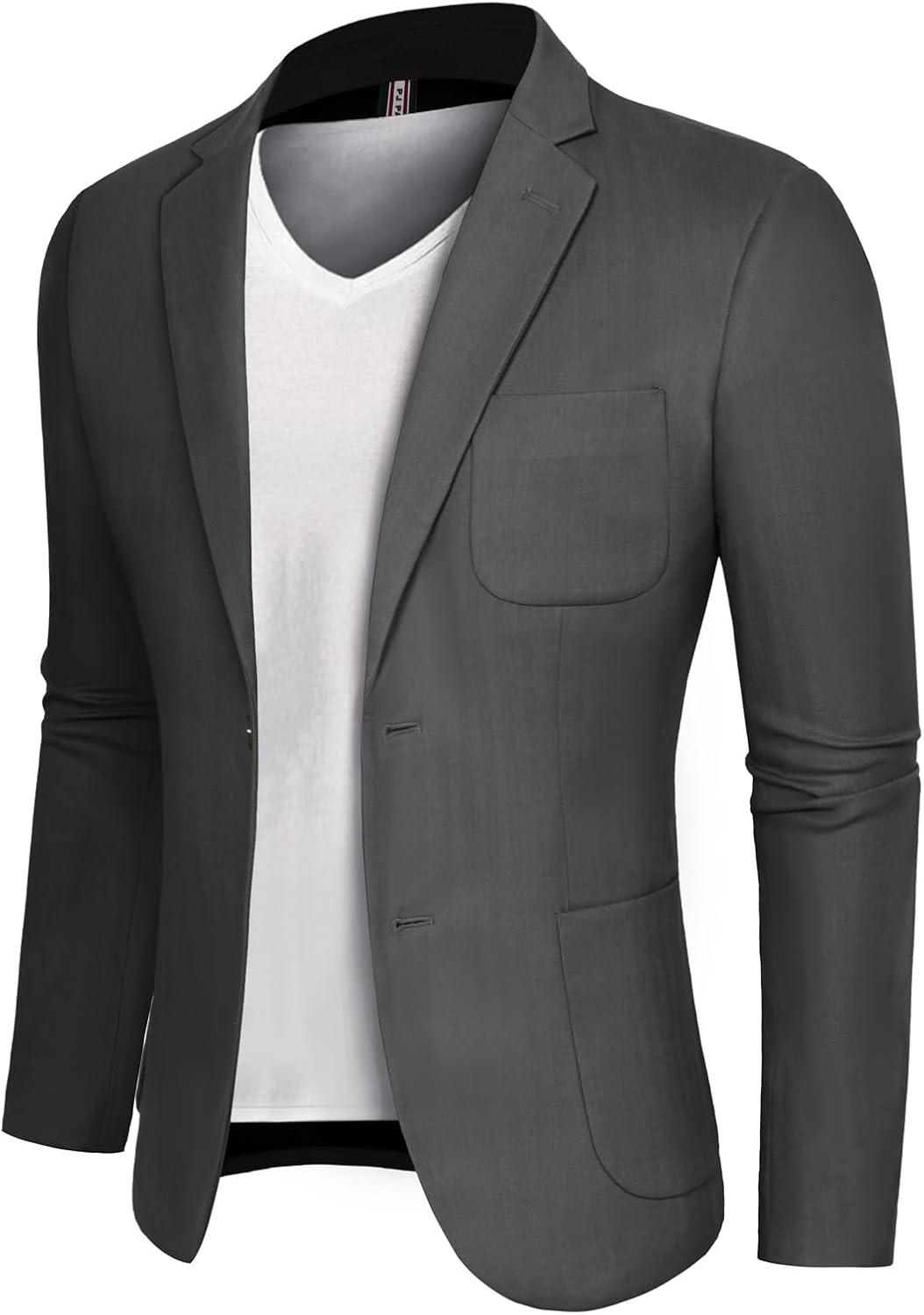 imagePJ PAUL JONES Mens Blazer Jacket Cotton Linen Sports Coats Regular Fit Two Buttons Herringbone Suit JacketsDark Grey