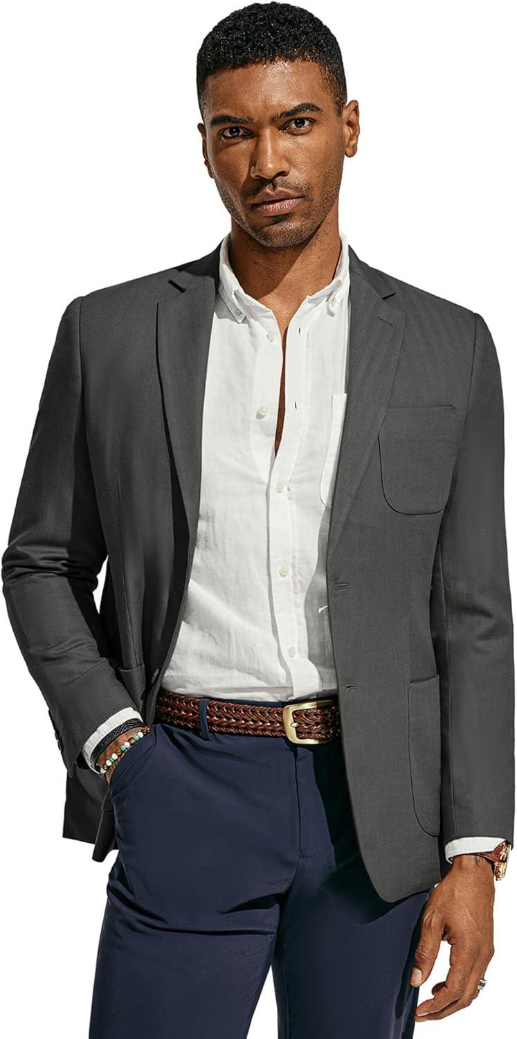 imagePJ PAUL JONES Mens Blazer Jacket Cotton Linen Sports Coats Regular Fit Two Buttons Herringbone Suit JacketsDark Grey