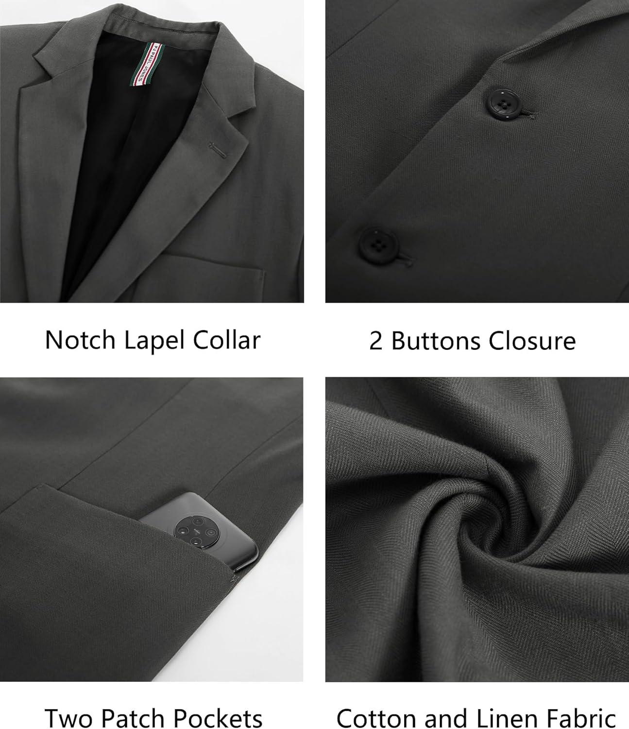 imagePJ PAUL JONES Mens Blazer Jacket Cotton Linen Sports Coats Regular Fit Two Buttons Herringbone Suit JacketsDark Grey