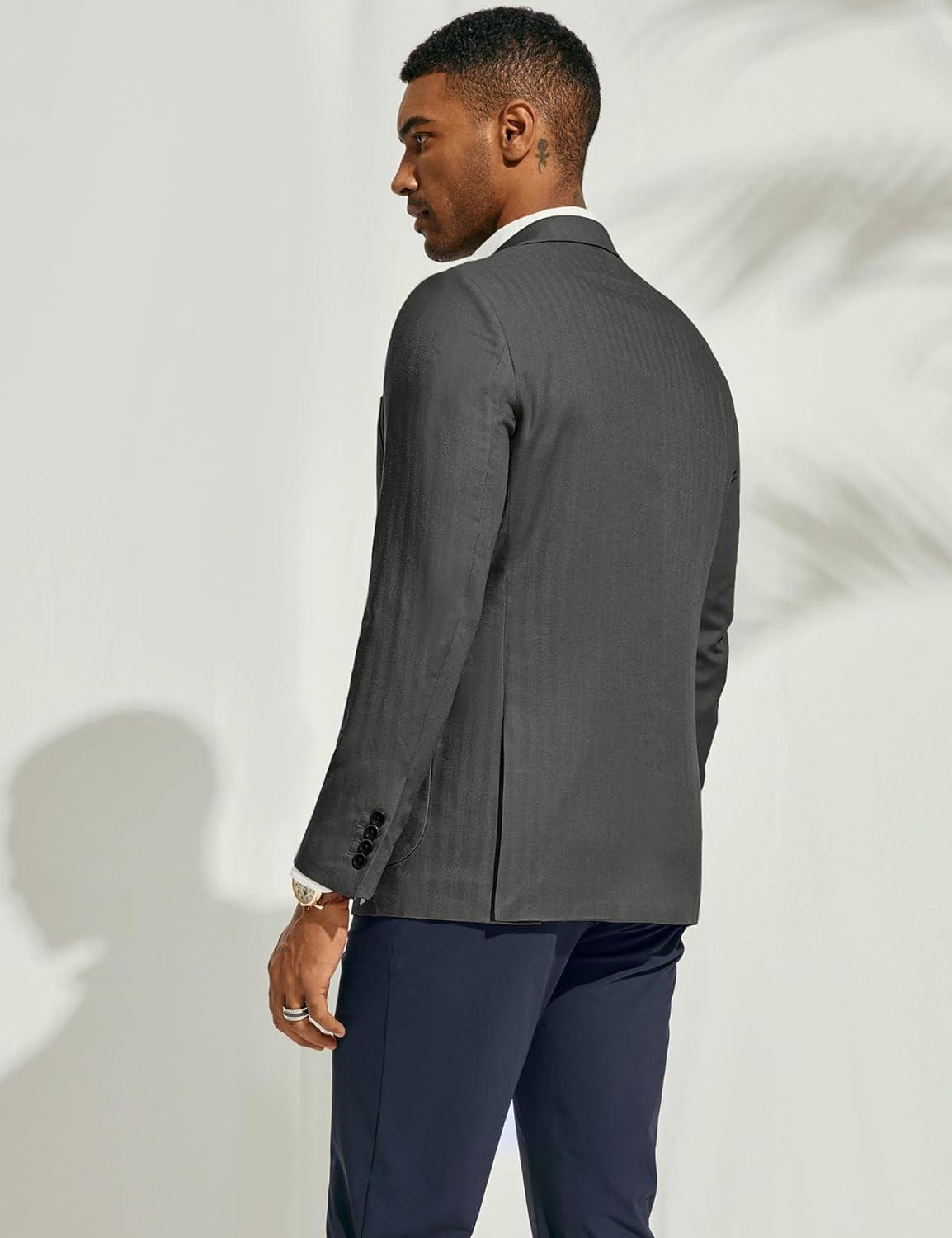 imagePJ PAUL JONES Mens Blazer Jacket Cotton Linen Sports Coats Regular Fit Two Buttons Herringbone Suit JacketsDark Grey