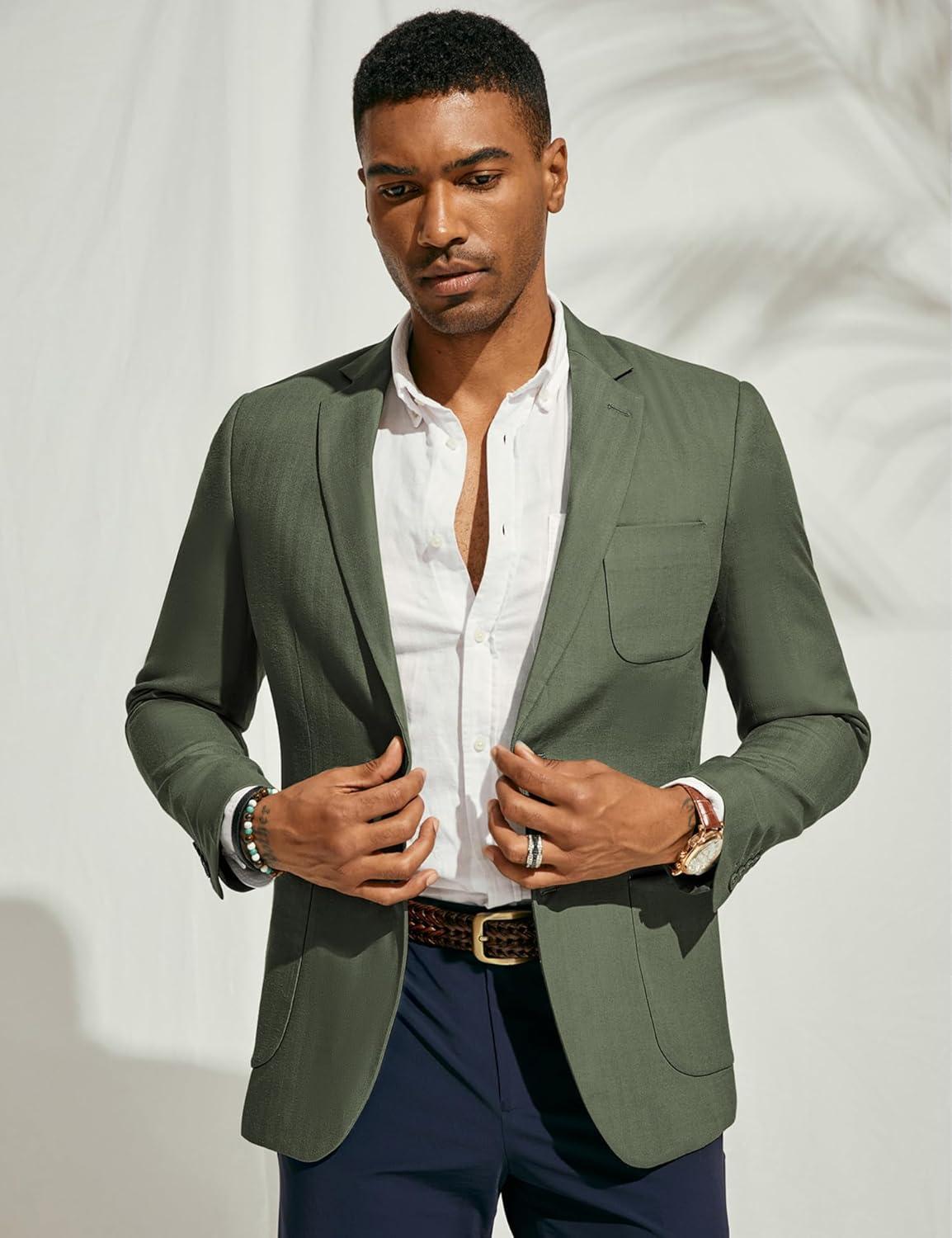 imagePJ PAUL JONES Mens Blazer Jacket Cotton Linen Sports Coats Regular Fit Two Buttons Herringbone Suit JacketsGreen