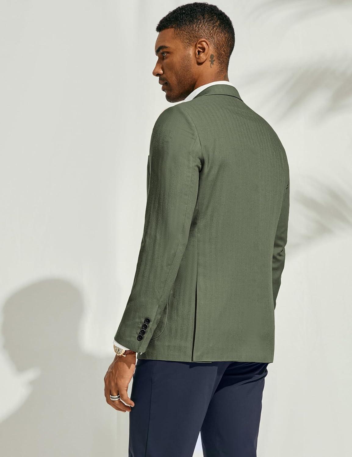 imagePJ PAUL JONES Mens Blazer Jacket Cotton Linen Sports Coats Regular Fit Two Buttons Herringbone Suit JacketsGreen