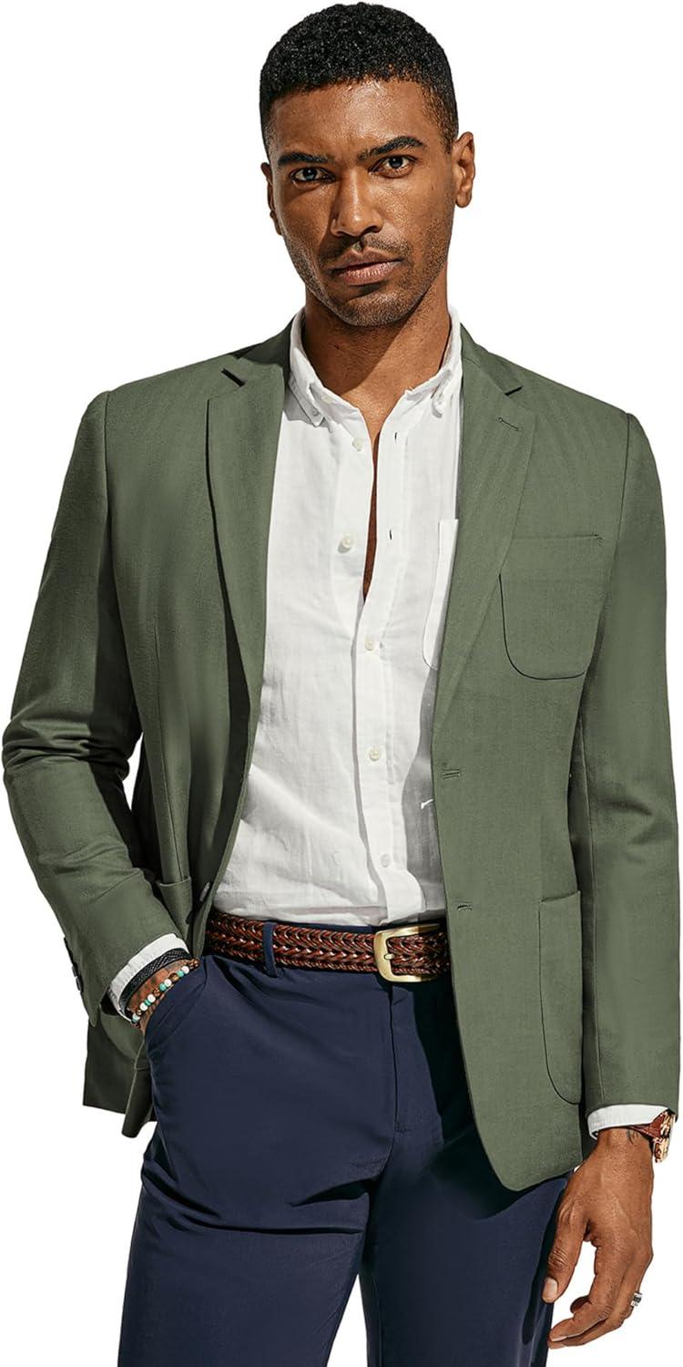 imagePJ PAUL JONES Mens Blazer Jacket Cotton Linen Sports Coats Regular Fit Two Buttons Herringbone Suit JacketsGreen