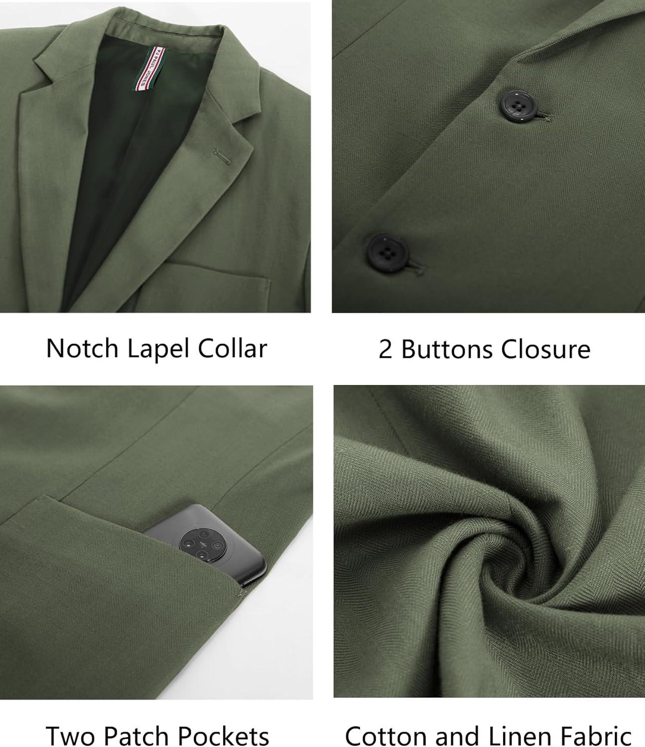 imagePJ PAUL JONES Mens Blazer Jacket Cotton Linen Sports Coats Regular Fit Two Buttons Herringbone Suit JacketsGreen