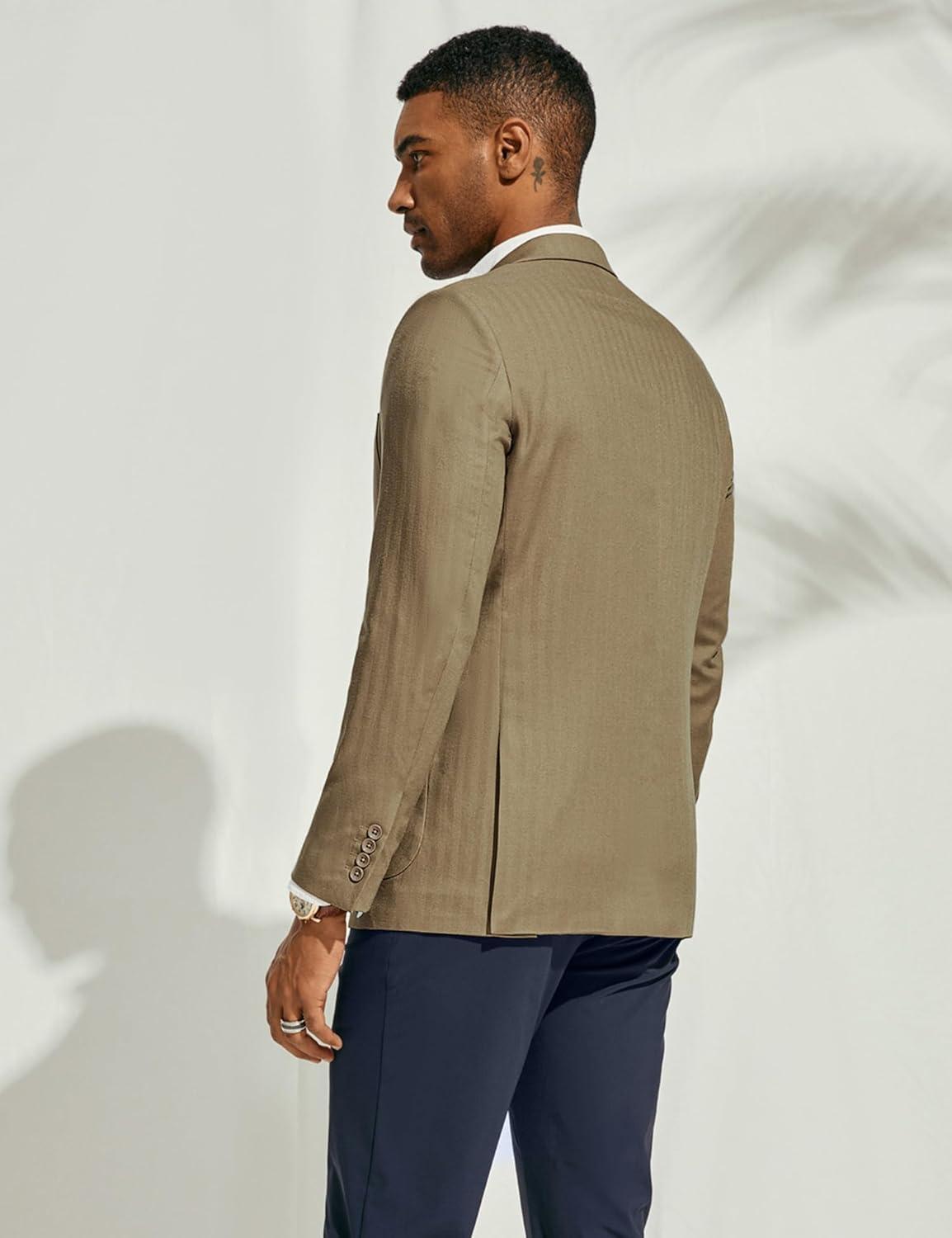 imagePJ PAUL JONES Mens Blazer Jacket Cotton Linen Sports Coats Regular Fit Two Buttons Herringbone Suit JacketsLight Brown