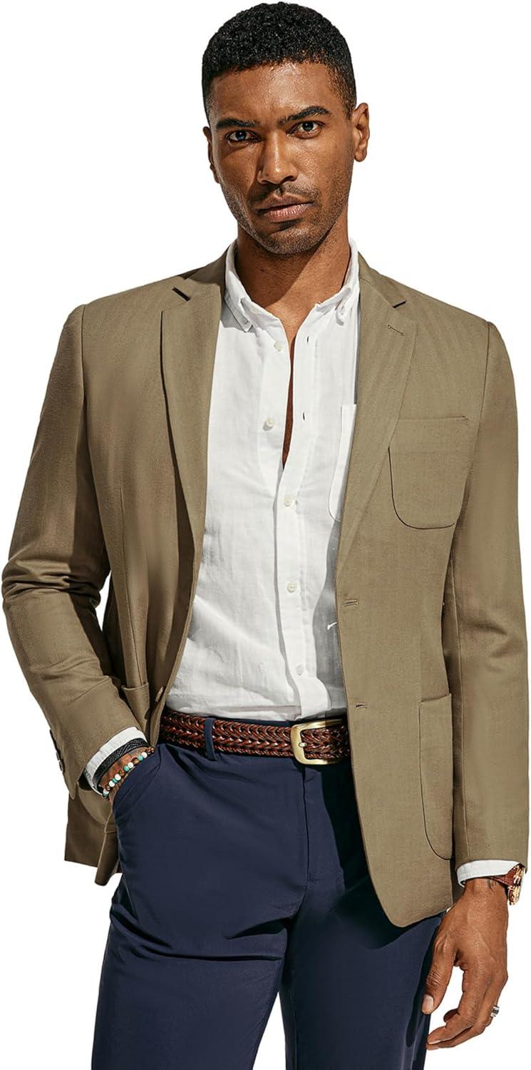 imagePJ PAUL JONES Mens Blazer Jacket Cotton Linen Sports Coats Regular Fit Two Buttons Herringbone Suit JacketsLight Brown