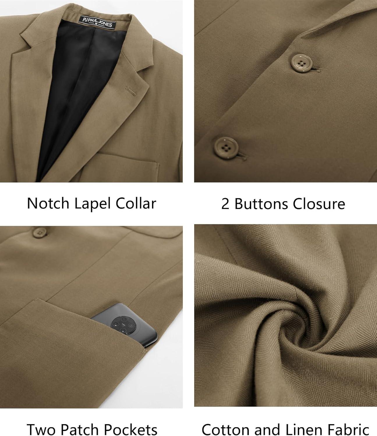 imagePJ PAUL JONES Mens Blazer Jacket Cotton Linen Sports Coats Regular Fit Two Buttons Herringbone Suit JacketsLight Brown